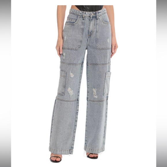 Avec Les Filles Denim - 🎉LAST PIECE 🎉AVEC LES FILLES High Rise Wide Leg Cargo Jeans In Destructed Wash